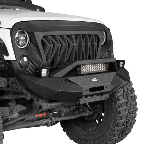 HookeRoad Blade Front Bumper w/ 60W Work Light Bar & Different Trail Rear Bumper w/Tire Carrier Combo Kit for 2007-2018 Jeep Wrangler JK JKU  Hooke Road HE.2031+2029 4