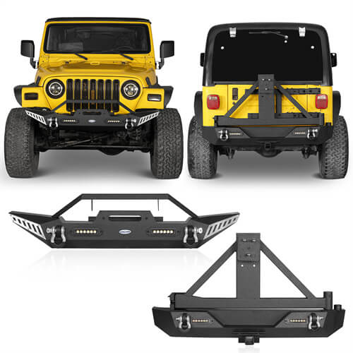 Load image into Gallery viewer, HookeRoad Jeep TJ Front and Rear Bumper Combo w/Tire Carrier for 1987-2006 Jeep Wrangler YJ TJ b10101011s 3