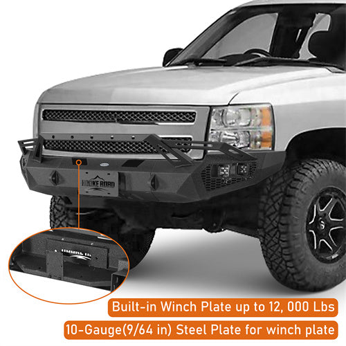 Hooke Road Front Bumper w/ Winch Plate & LED Spotlights for 2007-2013 Chevy Silverado 1500 2nd Generation b9034ab 9