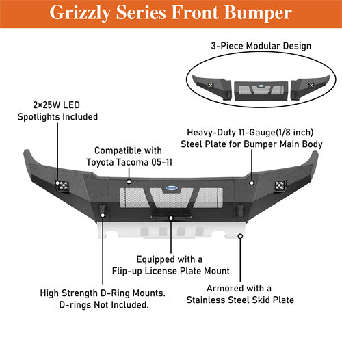 Hooke Road Full-Width Front Bumper with Skid Plate & LED Lights for 2005-2011 Toyota Tacoma b4038s 13