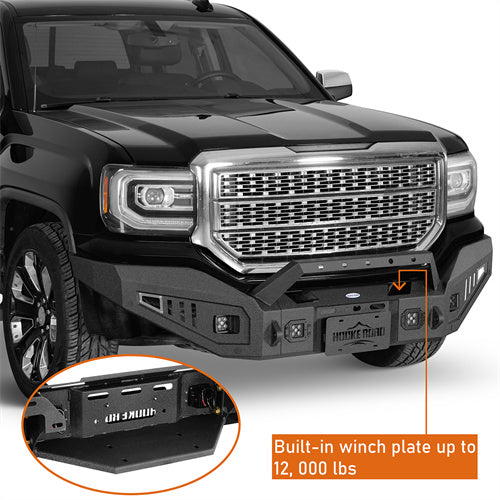 Hooke Road Full-Width Front Bumper wIth Winch Plate & LED Spotlights for 2016-2018 GMC Sierra 1500 b9460 12