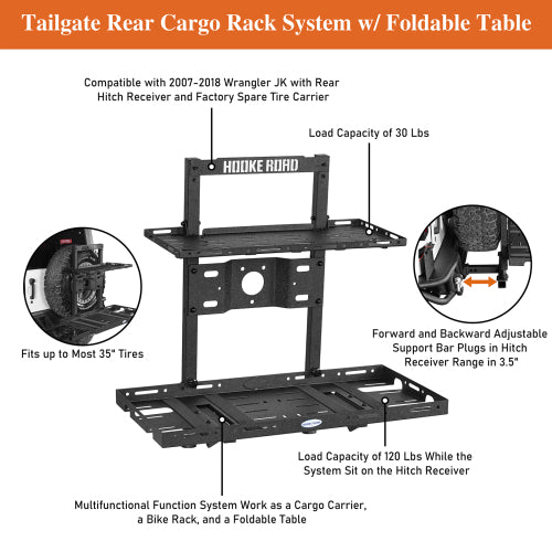 Load image into Gallery viewer, Hooke Road  Jeep Wrangler Tailgate Cargo Carrier w/ Foldable Table for 2007-2018 Jeep Wrangler JK b2100s 13