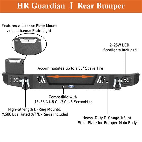 Load image into Gallery viewer, Hooke Road Jeep CJ Rear Bumper w/ LED Lights for 1976-1986 Jeep CJ-5 CJ-7 CJ-8 Scrambler b1082s 13