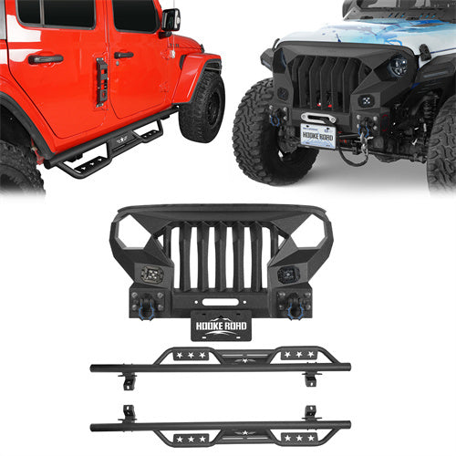 Load image into Gallery viewer, Hooke Road Mad Max Front Bumper with Grill & Side Steps(18-25 Jeep Wrangler JL 4-Door)