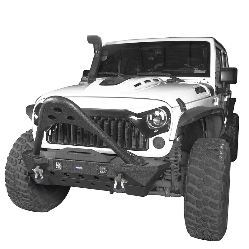 Load image into Gallery viewer, Hooke Road Opar Stubby Front Bumper w/Stinger & Winch Plate Mount w/ 2X 18W LED Spotlight for 2007-2018 Jeep Wrangler JK BXG185 u-Box offroad 3