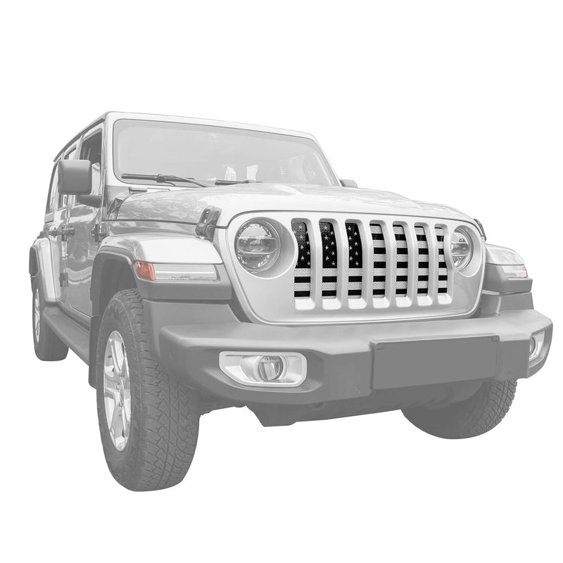 Load image into Gallery viewer, Jeep Wrangler JL & Gladiator JT Front US American Flag Grille Insert Paws Black and White mmr30177 5