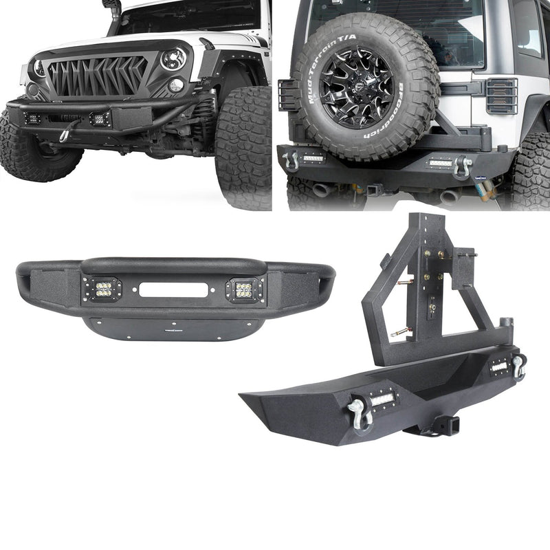 Load image into Gallery viewer, Hooke Road Opar Lotus Tubular Front Bumper & Different Trail Rear Bumper w/Tire Carrier Combo Kit for 2007-2018 Jeep Wrangler JK JKU BXG132114 u-Box offroad 2