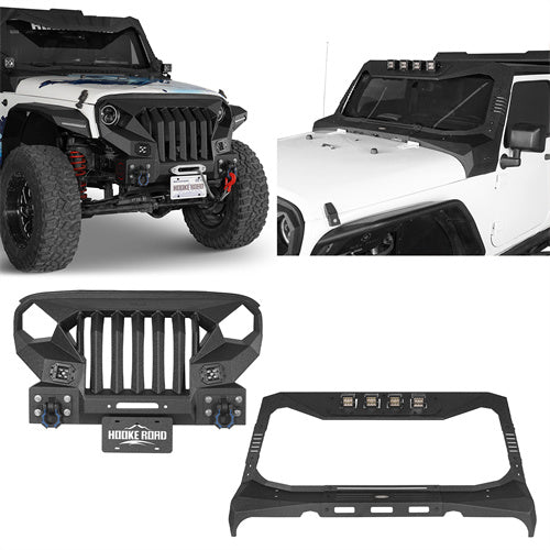 Load image into Gallery viewer, Hooke Road Mad Max Front Bumper w/Steel Grille Guard & Windshield Frame Cover(07-18 Jeep Wrangler JK)