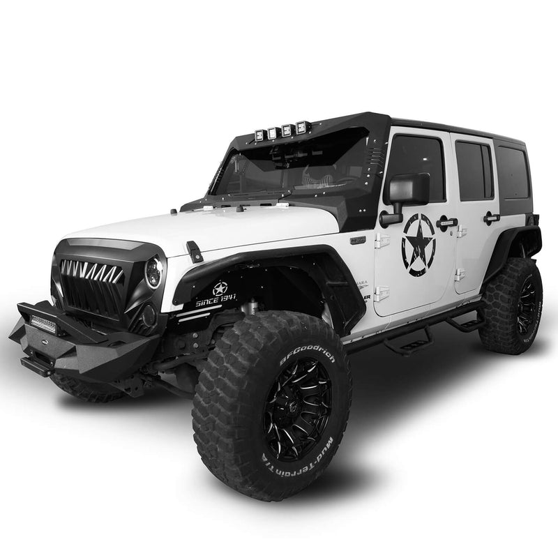 Load image into Gallery viewer, Hooke Road Mad Max Front Bumper w/Steel Grille Guard & Windshield Frame Cover(07-18 Jeep Wrangler JK)
