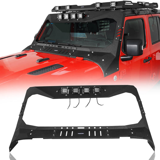 Jeep JL Mad Max Windshield Frame Cover Amor Set Windshield Frame Cover Visor Cowl w/ 4 LED Lights Insert for2018-2021 Jeep Wrangler JL BXG3024 2