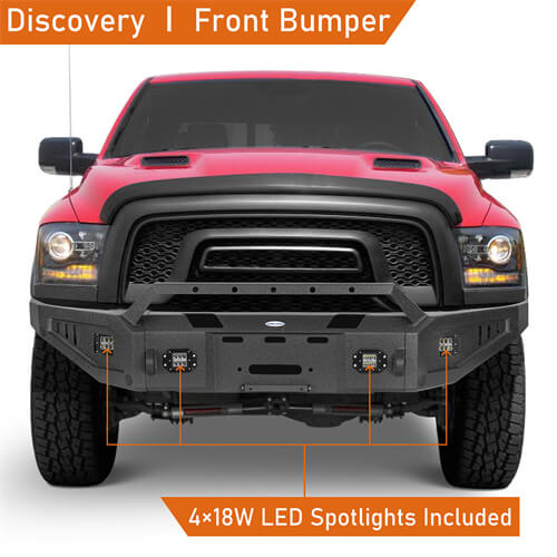 Aftermarket Full Width Front Bumper w/ Winch Plate & LED Spotlights For 2015-2018 Ram 1500 Rebel - HookeRoad b6012 10