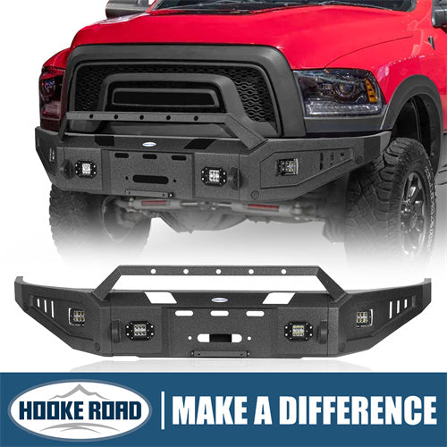 Aftermarket Full Width Front Bumper w/ Winch Plate & LED Spotlights For 2015-2018 Ram 1500 Rebel - HookeRoad b6012 1