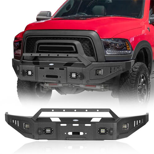 Aftermarket Full Width Front Bumper w/ Winch Plate & LED Spotlights For 2015-2018 Ram 1500 Rebel - HookeRoad b6012  2