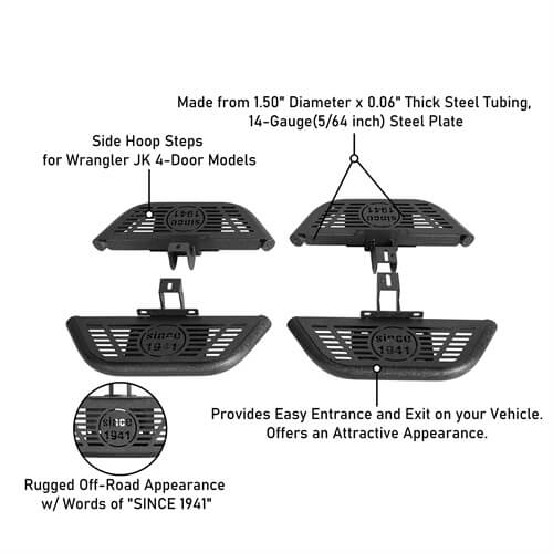 Side Hoop Steps Kit Jeep Wrangler Accessories For 2007-2018 Jeep Wrangler JK 4-Door - Hooke Road b2094s 14