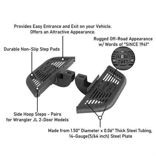 Side Hoop Steps Kit Jeep Wrangler Accessories For 2018-2023 Jeep Wrangler JL 2-Door - Hooke Road b3060s 13