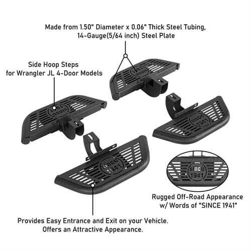 Side Hoop Steps Kit Jeep Wrangler Parts For 2018-2023 Jeep Wrangler JL 4-Door - Hooke Road b3059s 17