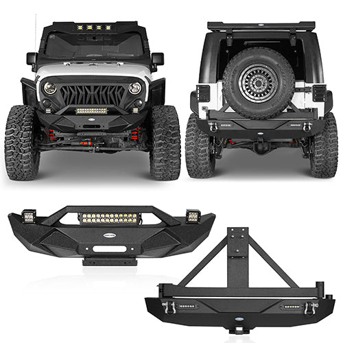 HookeRoad Blade Front Bumper w/ 60W Work Light Bar & Different Trail Rear Bumper w/Tire Carrier Combo Kit for 2007-2018 Jeep Wrangler JK JKU  Hooke Road HE.2031+2029 1