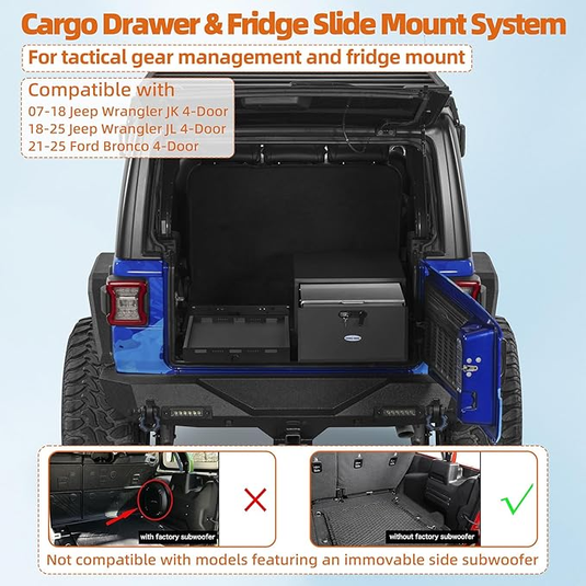 Trunk Cargo Drawer & Fridge Mount for Jeep JK JL & Ford Bronco 4-Door Hooke Road 2124-S 15