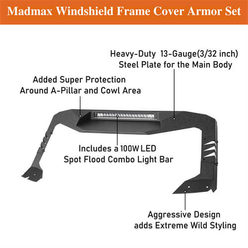 2021-2024 Ford Bronco Madmax Windshield Frame Cover Visor w/LED Light Bar - Hooke Road