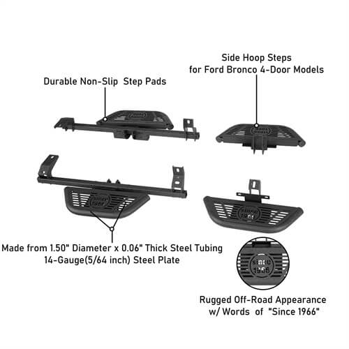 Ford Bronco Side Steps Wheel-To-Wheel Running Boards Side Hoop Steps 4x4 Parts - Hooke Road b8930s 14