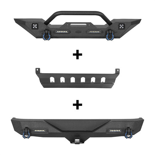 Load image into Gallery viewer, HookeRoad Jeep JK Mid Width Front Bumper &amp; Rear Bumper &amp; Front Skid Plate for 2007-2018 Jeep Wrangler JK HookeRoad HE.3018+2030+2042 1
