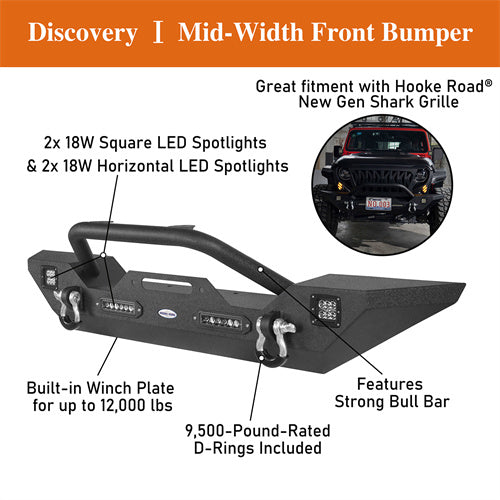 Load image into Gallery viewer, HookeRoad Jeep JK Mid Width Front Bumper &amp; Rear Bumper &amp; Front Skid Plate for 2007-2018 Jeep Wrangler JK HookeRoad HE.3018+2030+2042 20
