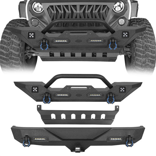 Load image into Gallery viewer, HookeRoad Jeep JK Mid Width Front Bumper &amp; Rear Bumper &amp; Front Skid Plate for 2007-2018 Jeep Wrangler JK HookeRoad HE.3018+2030+2042 2
