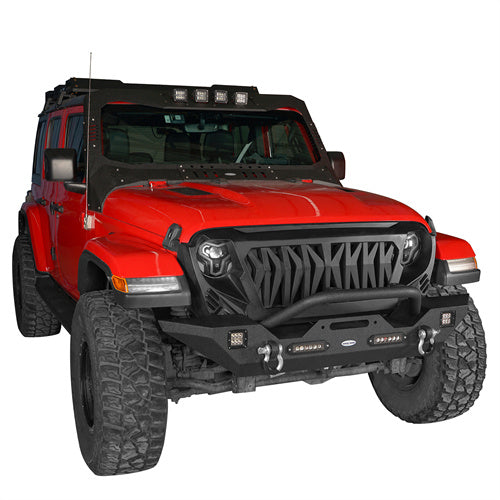 HookeRoad Jeep JK Mid Width Front Bumper & Rear Bumper & Front Skid Plate for 2007-2018 Jeep Wrangler JK HookeRoad HE.3018+2030+2042 4