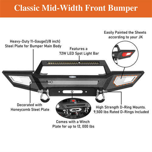 Front Bumper 4x4 jeep parts w/Winch Plate & Light Bar For Jeep Wrangler JK - Hooke Road b2077s 19