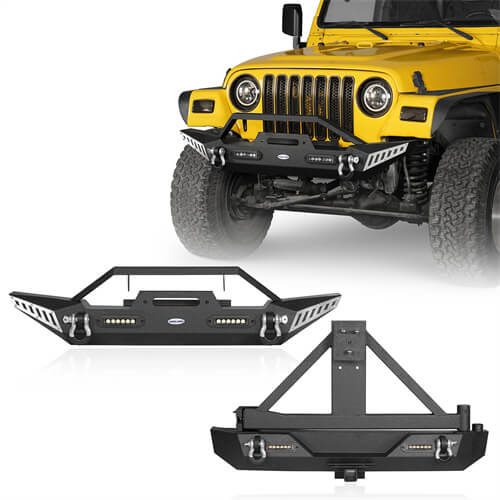 Load image into Gallery viewer, HookeRoad Jeep TJ Front and Rear Bumper Combo w/Tire Carrier for 1987-2006 Jeep Wrangler YJ TJ b10101011s 2
