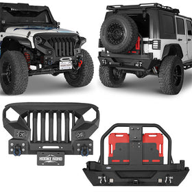 HookeRoad Mad Max Front Bumper & Rear Bumper w/Spare Tire Carrier for 2007-2018 Jeep Wrangler JK Hooke Road HE.2038+HE.2015 1