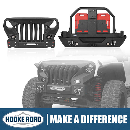 HookeRoad Mad Max Front Bumper & Rear Bumper w/Spare Tire Carrier for 2007-2018 Jeep Wrangler JK Hooke Road HE.2038+HE.2015 1