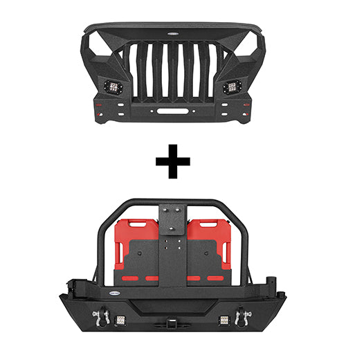 HookeRoad Mad Max Front Bumper & Rear Bumper w/Spare Tire Carrier for 2007-2018 Jeep Wrangler JK Hooke Road HE.2038+HE.2015 2