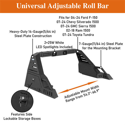 Load image into Gallery viewer, Full-Size Pickup Trucks Roll Bar Adjustable Truck Bed Roll Bar 4x4 Truck Parts - Hooke RoadFull-Size Pickup Trucks Roll Bar Adjustable Truck Bed Roll Bar 4x4 Truck Parts - Hooke Road B9910S 12
