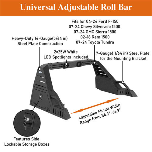 Full-Size Pickup Trucks Roll Bar Adjustable Truck Bed Roll Bar 4x4 Truck Parts - Hooke RoadFull-Size Pickup Trucks Roll Bar Adjustable Truck Bed Roll Bar 4x4 Truck Parts - Hooke Road B9910S 12