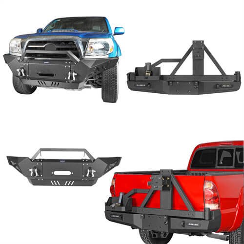 HookeRoad Full Width Front Bumper & Rear Bumper w/Tire Carrier for 2005-2015 Toyota Tacoma b40014013 2