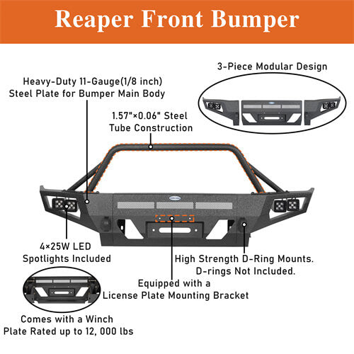 Hooke Road Full Width Front Bumper w/ Winch Plate & LED Spot Lights For 2016-2023 ToyotaTacoma b4210s 15