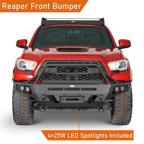 Hooke Road Full Width Front Bumper w/ Winch Plate & LED Spot Lights For 2016-2023 ToyotaTacoma b4210s 8