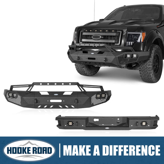 HookeRoad Front Bumper w/Grill Guard & Back Bumper for 2009-2014 Ford F-150 Excluding Raptor b82008203s 1