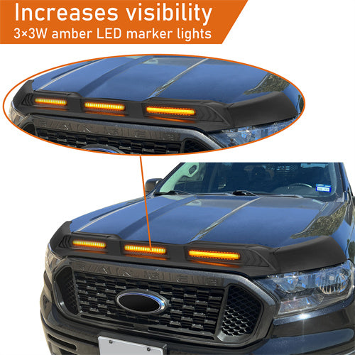 Hood Protector Stone & Bug Deflector w/ Amber Lights For 2019-2023 Ford Ranger - Hooke Road qt10021 10