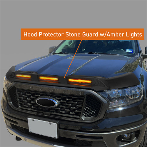 Hood Protector Stone & Bug Deflector w/ Amber Lights For 2019-2023 Ford Ranger - Hooke Road qt10021 12
