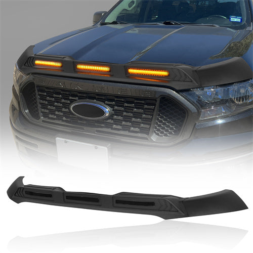 Hood Protector Stone & Bug Deflector w/ Amber Lights For 2019-2023 Ford Ranger - Hooke Road qt10021 2