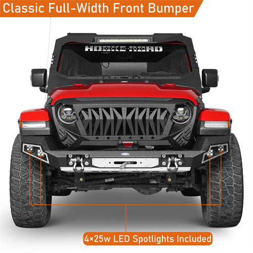 RestylingFactory Full Width Front Bumper With Fog Light Holes & Winch Plate For 2018-2019 Jeep Wrangler JL