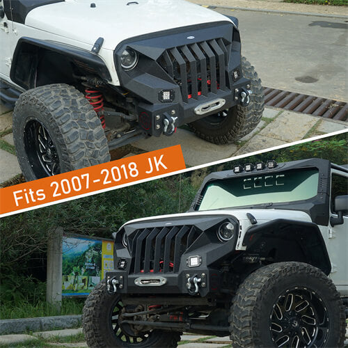 HookeRoad Front Bumper w/Grille Guard &  Winch plate for 2007-2018 Jeep Wrangler JK b2038s 10