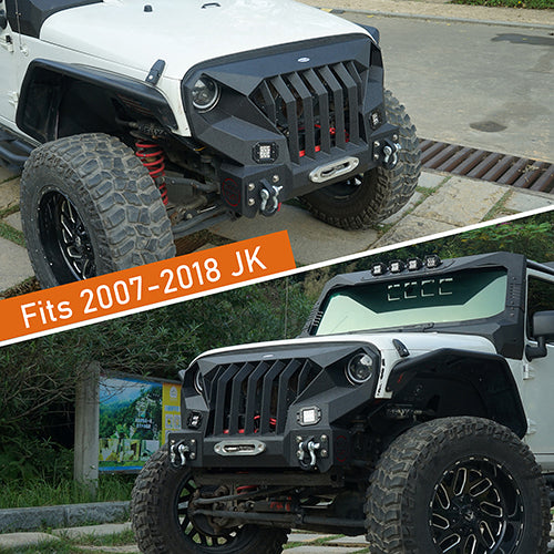 Load image into Gallery viewer, HookeRoad Front Bumper w/Grille Guard &amp; Rear Bumper for 2007-2018 Jeep Wrangler JK Hooke Road HE.2038+2030 12
