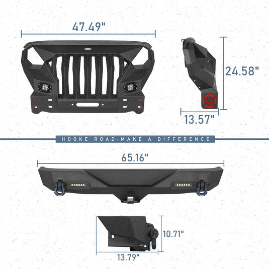 HookeRoad Front Bumper w/Grille Guard & Rear Bumper for 2007-2018 Jeep Wrangler JK Hooke Road HE.2038+2030 24