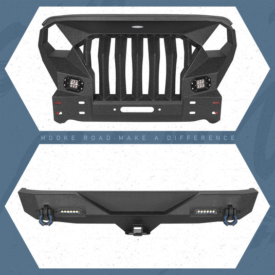 HookeRoad Front Bumper w/Grille Guard & Rear Bumper for 2007-2018 Jeep Wrangler JK Hooke Road HE.2038+2030 2