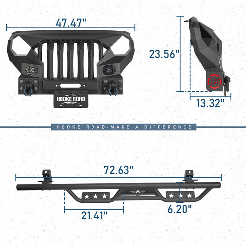 Hooke Road Mad Max Front Bumper with Grill & Side Steps(18-25 Jeep Wrangler JL 4-Door)