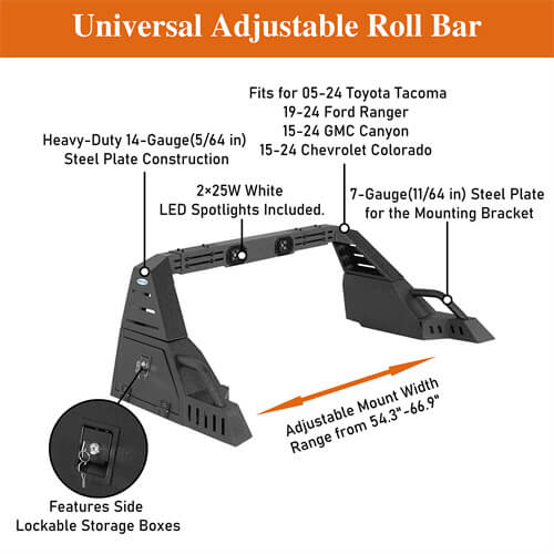 Load image into Gallery viewer, Mid Size Pickup Trucks Roll Bar Adjustable Truck Bed Roll Bar 4x4 Truck Parts - Hooke Road b9911s 12
