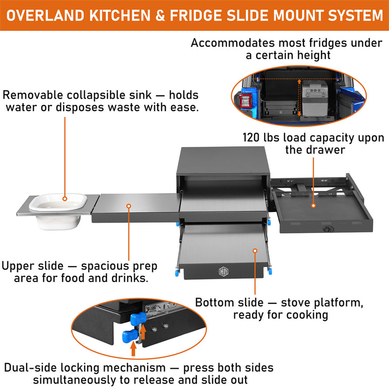 Load image into Gallery viewer, Overland Kitchen &amp; Fridge Slide System for 15-26 Jeep &amp; Ford Bronco Hooke Road b21362138 11
